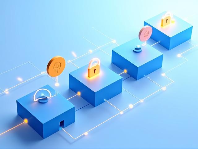 A stylized depiction of blockchain technology with interconnected blocks and secure data locks, representing data integrity and smart contracts for energy grids.