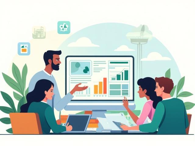 An illustration of a diverse group of professionals engaging with digital learning platforms, showcasing sustainable energy investment concepts.