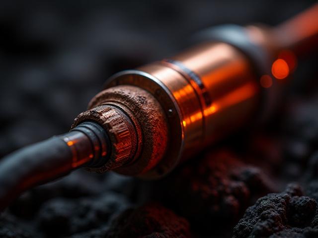 A close-up of a rugged, metallic high-temperature sensor array designed for extreme environments, against a blurred background of volcanic rock.