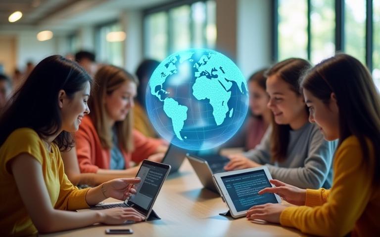 Students learning about renewable energy on tablets with a globe icon